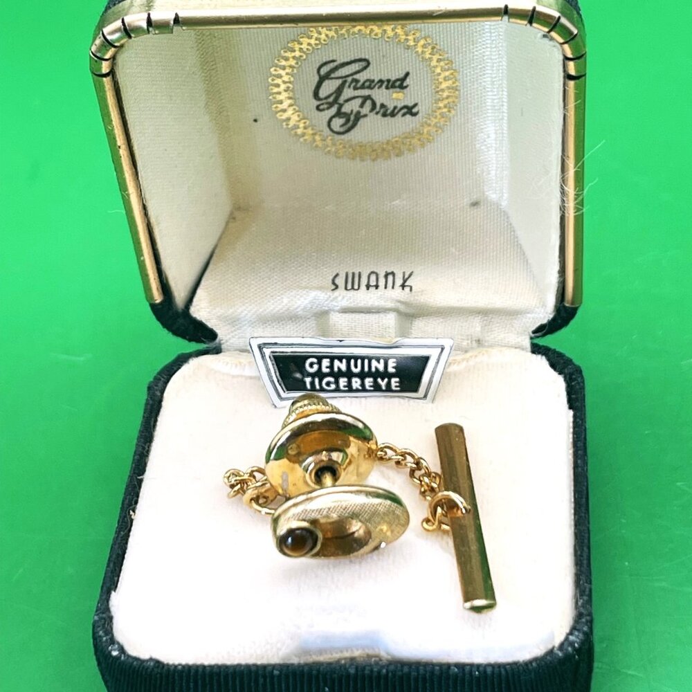 Vintage SWANK Grand Prix Tie Tack Genuine Tiger's Eye Lapel Pin in Original Box